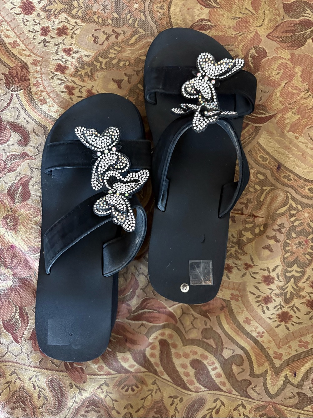 Black Embellished Butterfly Slide Sandals - Women